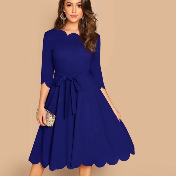 Scalloped midi dress quarter long sleeve belted - Picture 3 of 8